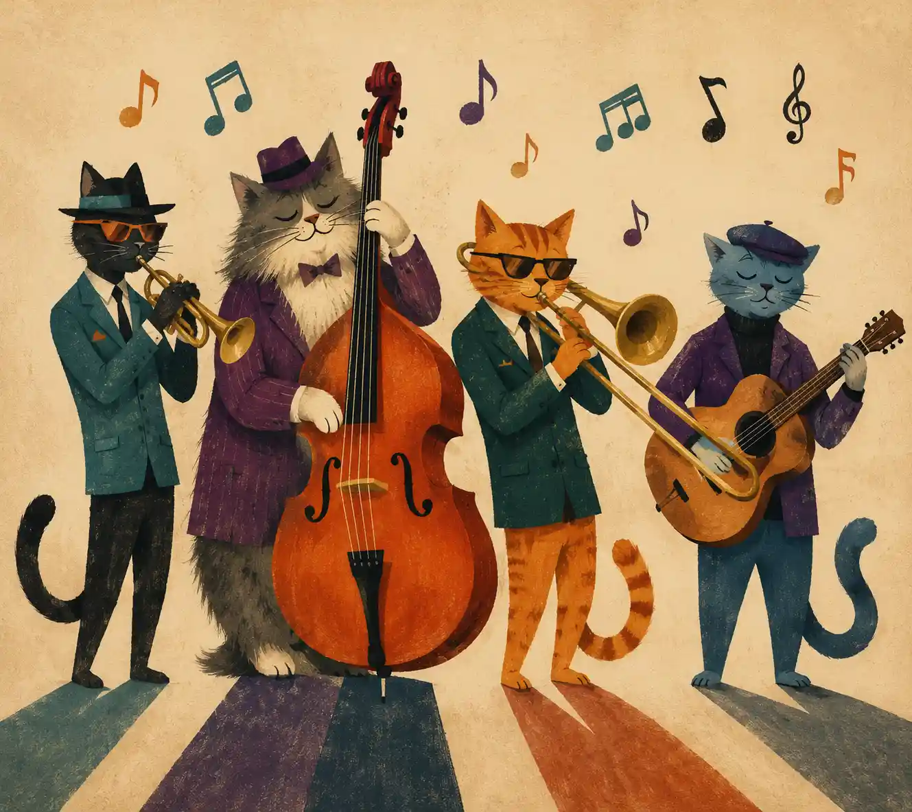 Stylized jazz cat quartet playing instruments in vintage colors