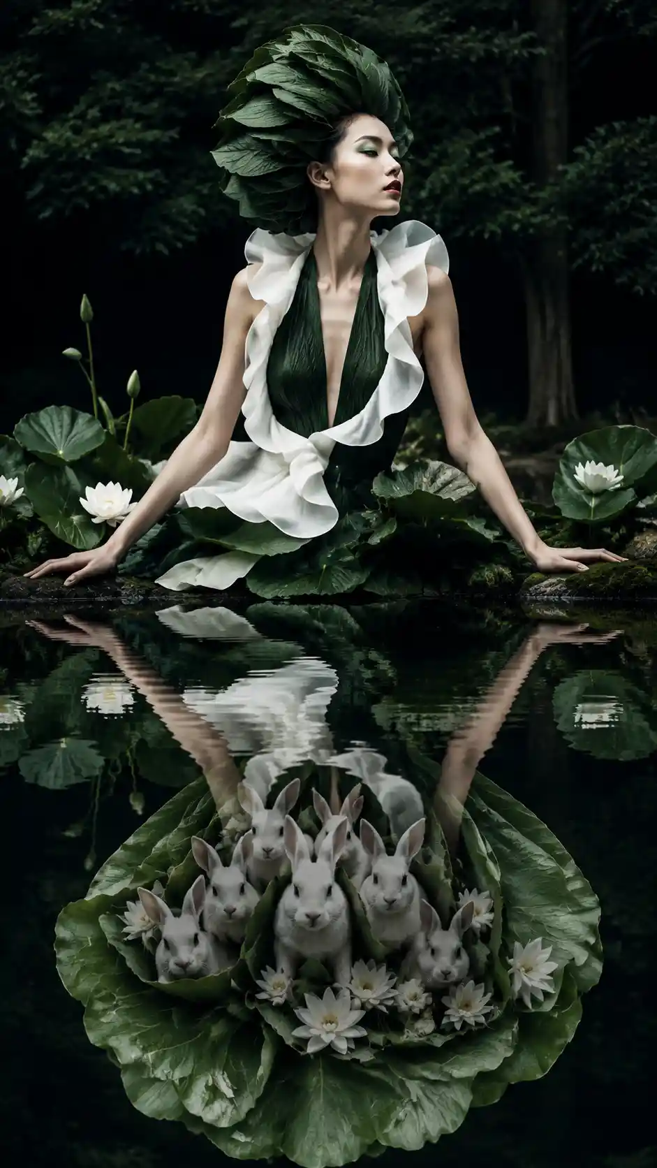 Avant garde fashion woman beside a reflective forest pond