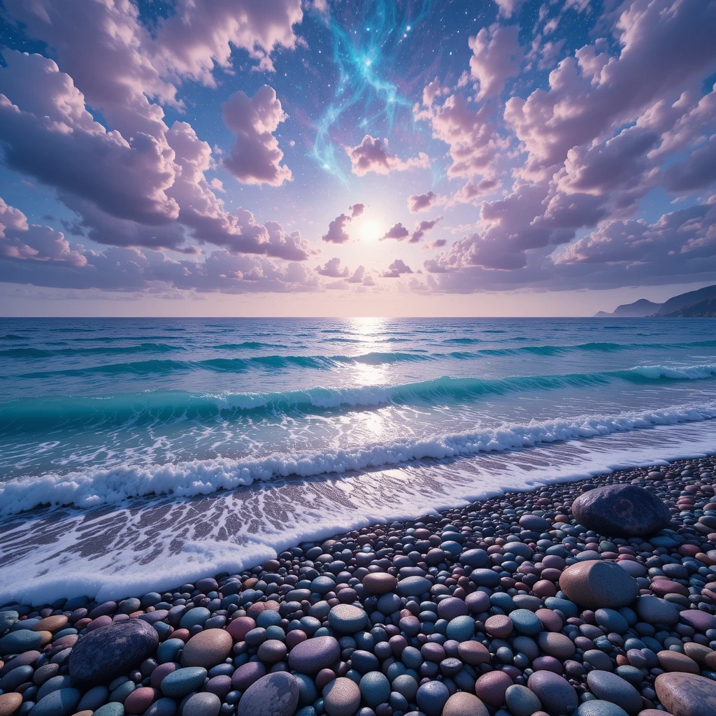 Ethereal sea and gemstone shore beneath a celestial sky