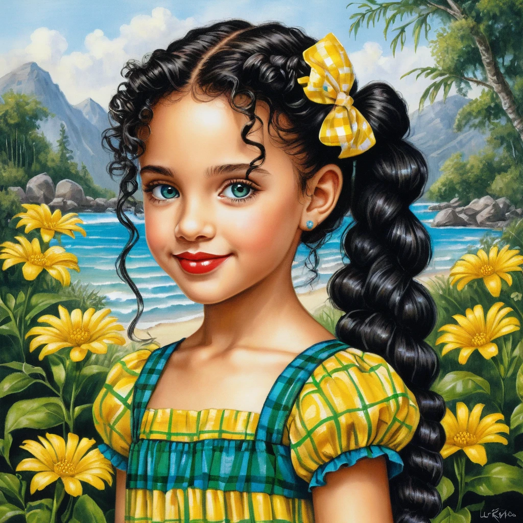 Smiling curly haired girl in yellow checkered summer dress