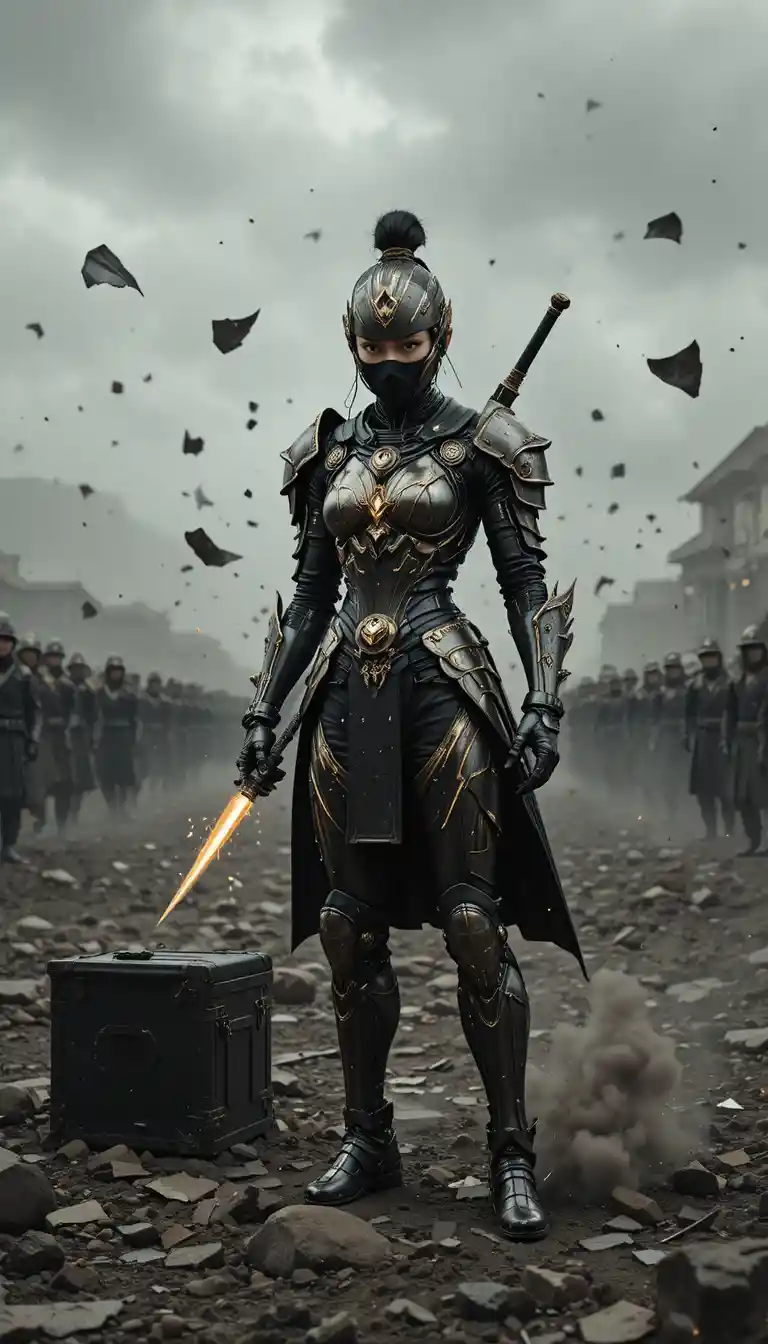 Female warrior on a desolate battlefield in cinematic frame
