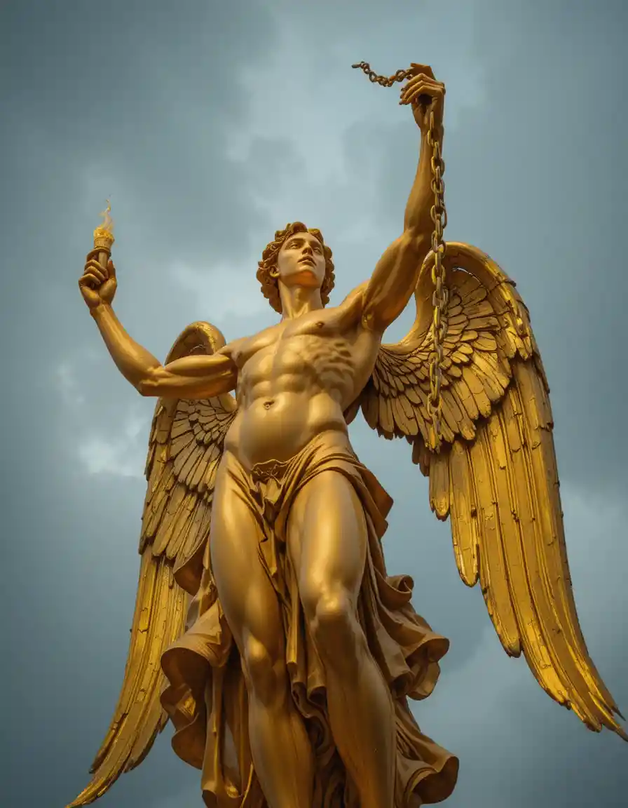 Golden winged statue holding torch and broken chain
