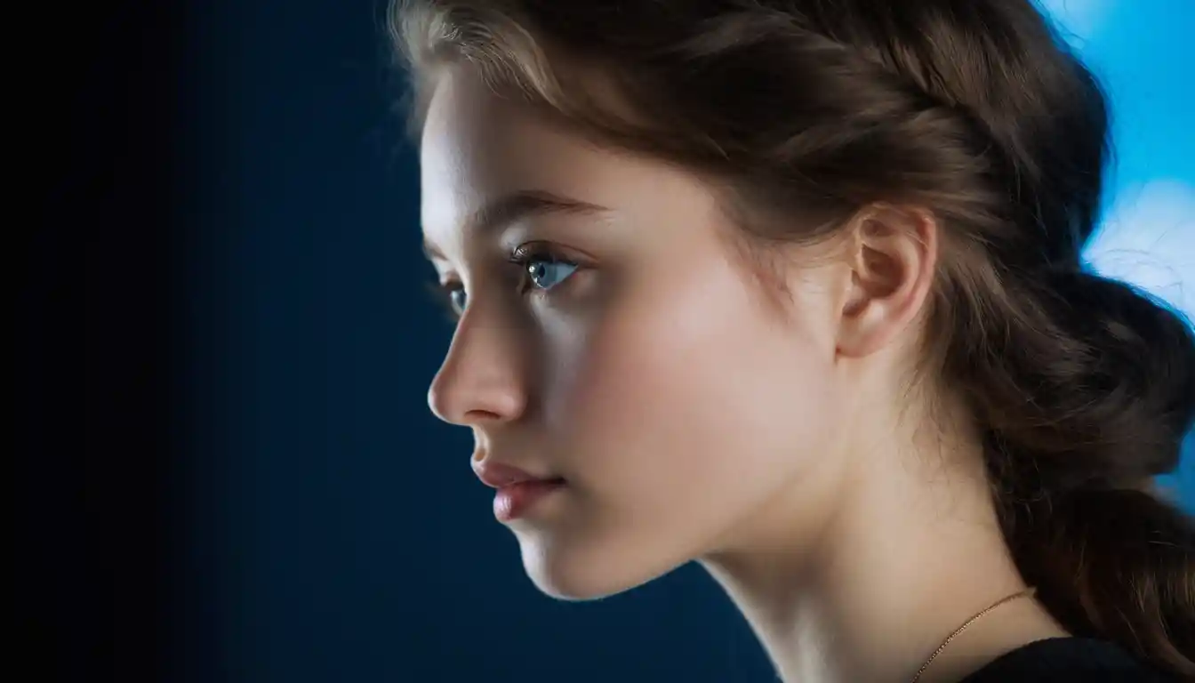 Moody close up profile of a young woman in blue light