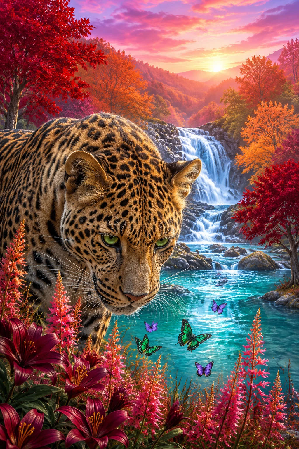 Close up leopard with butterflies by a forest waterfall