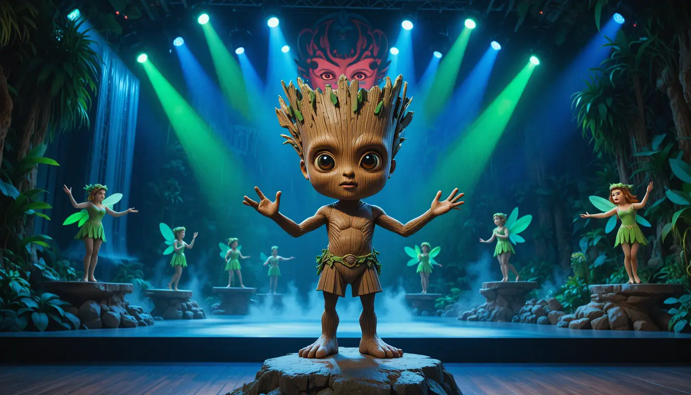 Whimsical tree like creature on stage with dancing fairies
