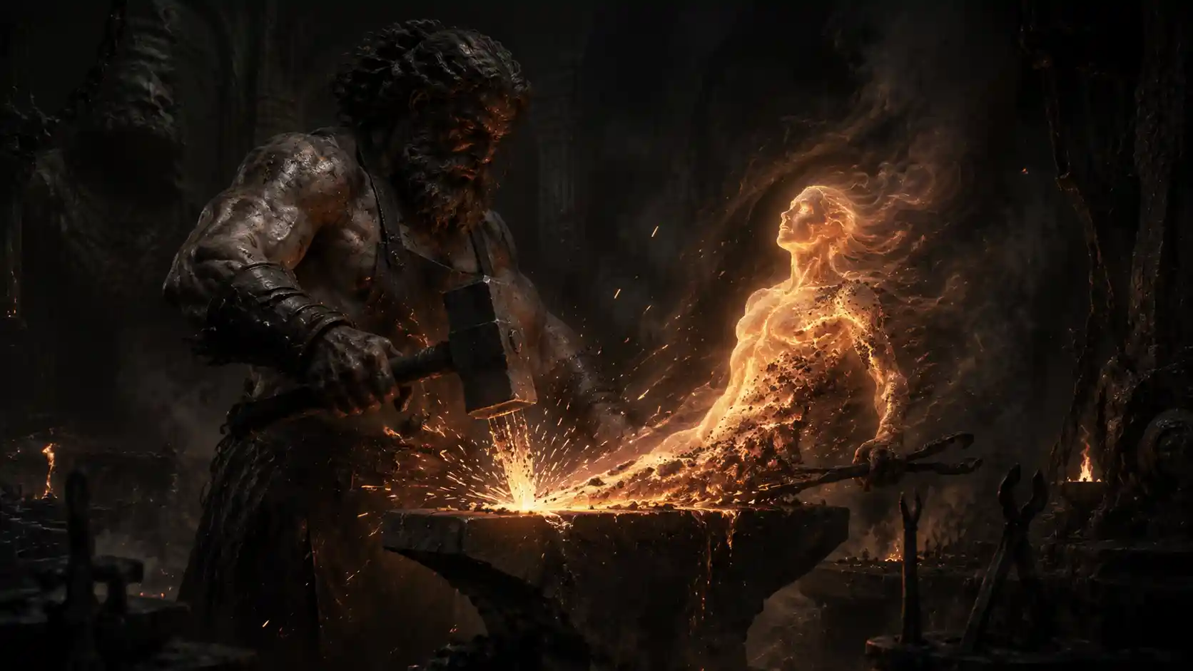Hephaestus forging a soul from blazing creative fire