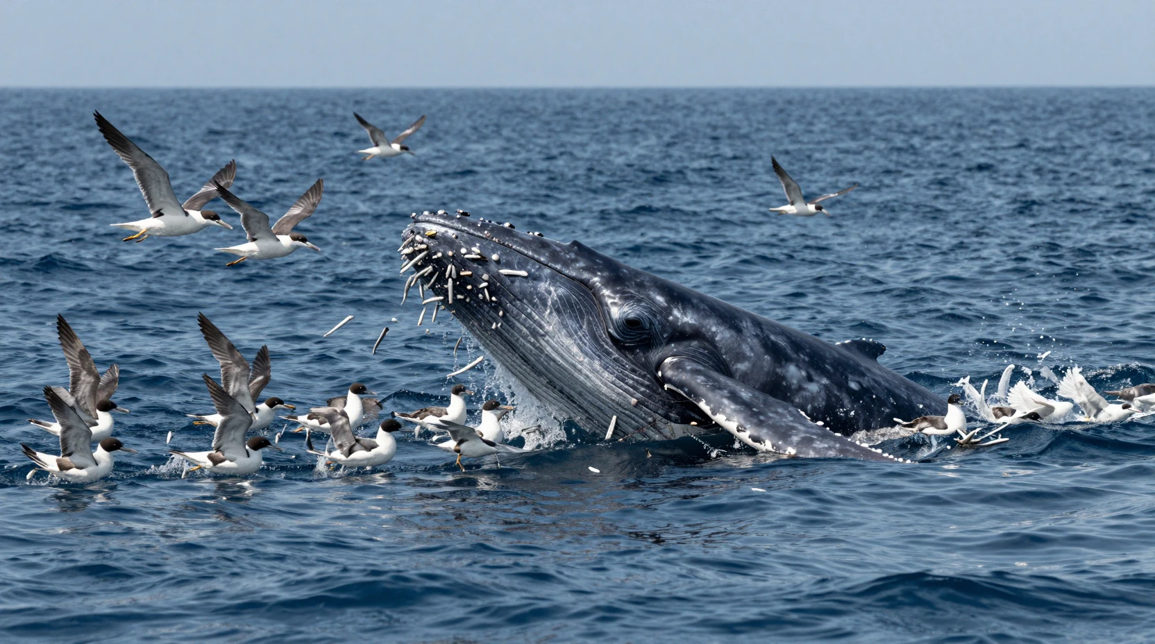 Humpback whale hunting anchovies in a wide ocean scene