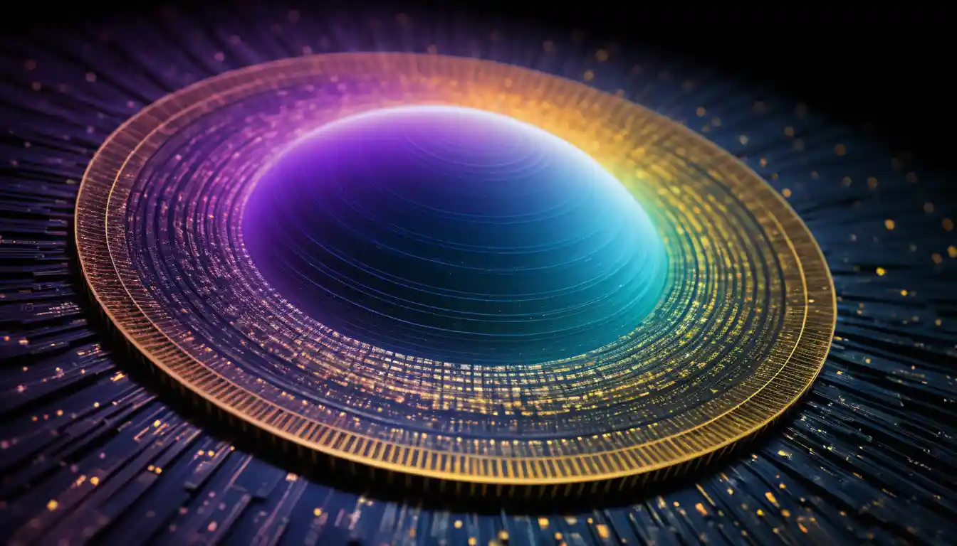 Microscopic silicon wafer dissolving into a glowing cosmic nebula
