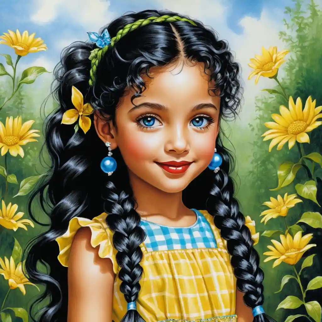 Smiling girl with long curly hair in summer dress