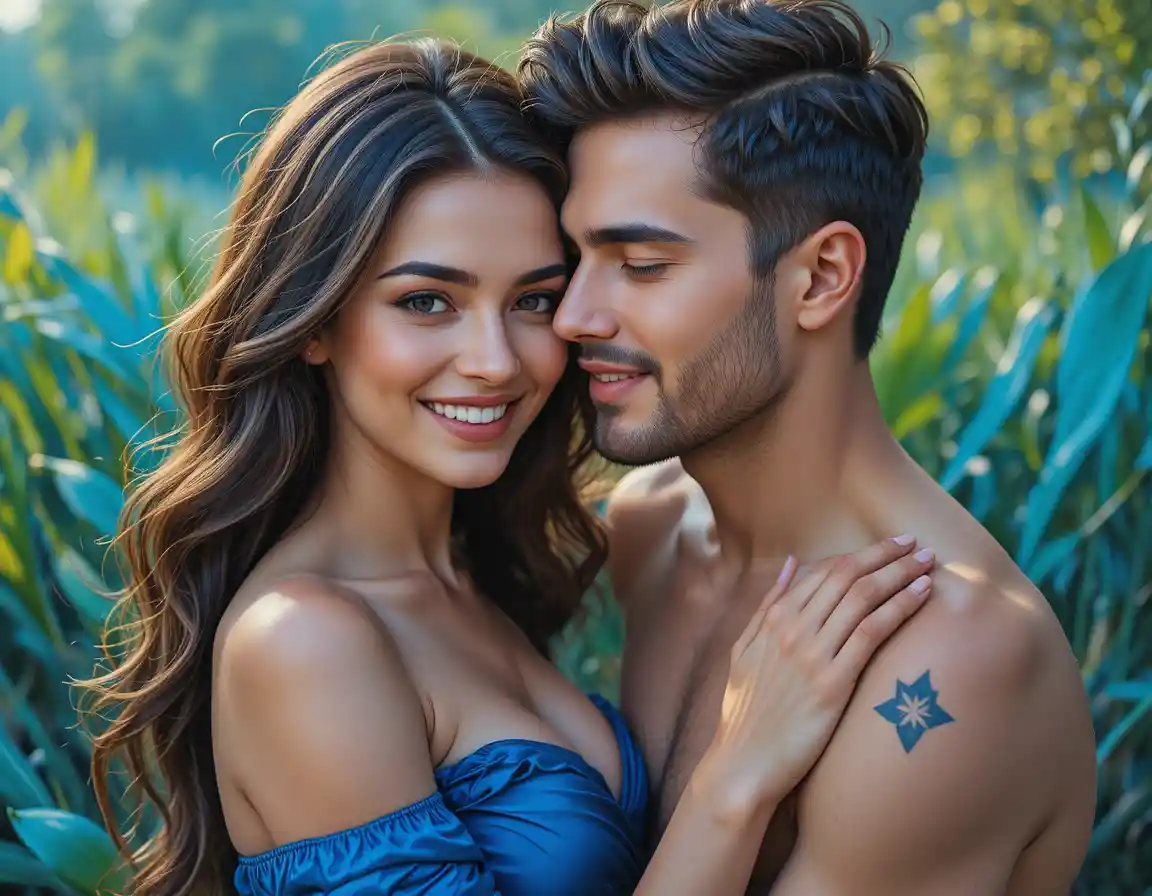 Loving couple embrace in soft outdoor afternoon light