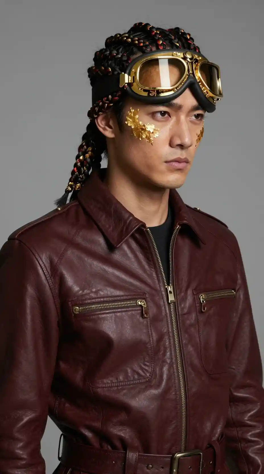 Stylish man in leather flight suit with gold aviator goggles