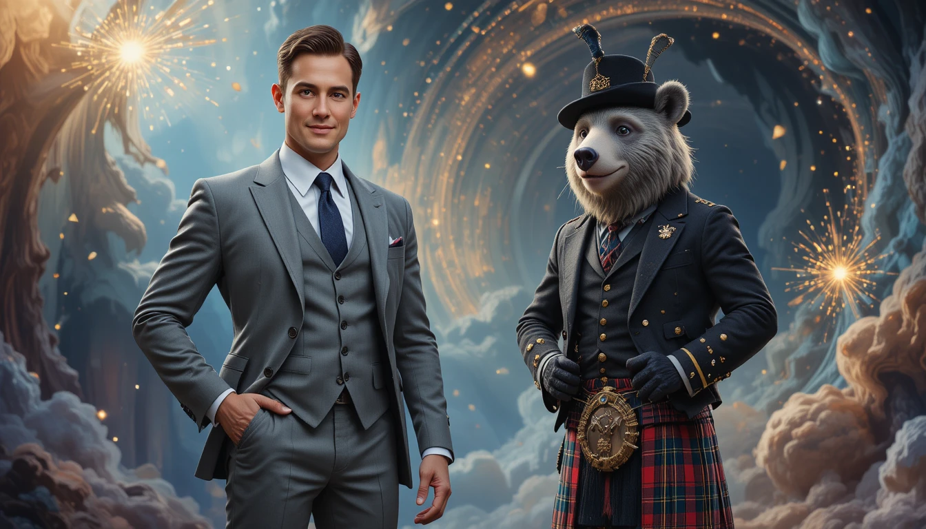 Man And Anthropomorphic Bear In Scottish Outfit Standing Together