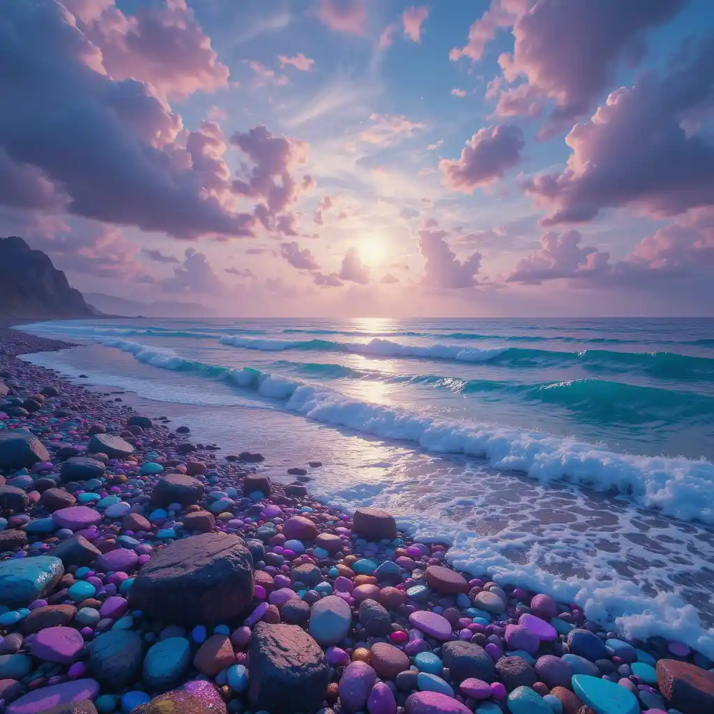 Surreal Iridescent Ocean Under A Radiant Fantasy Sky
