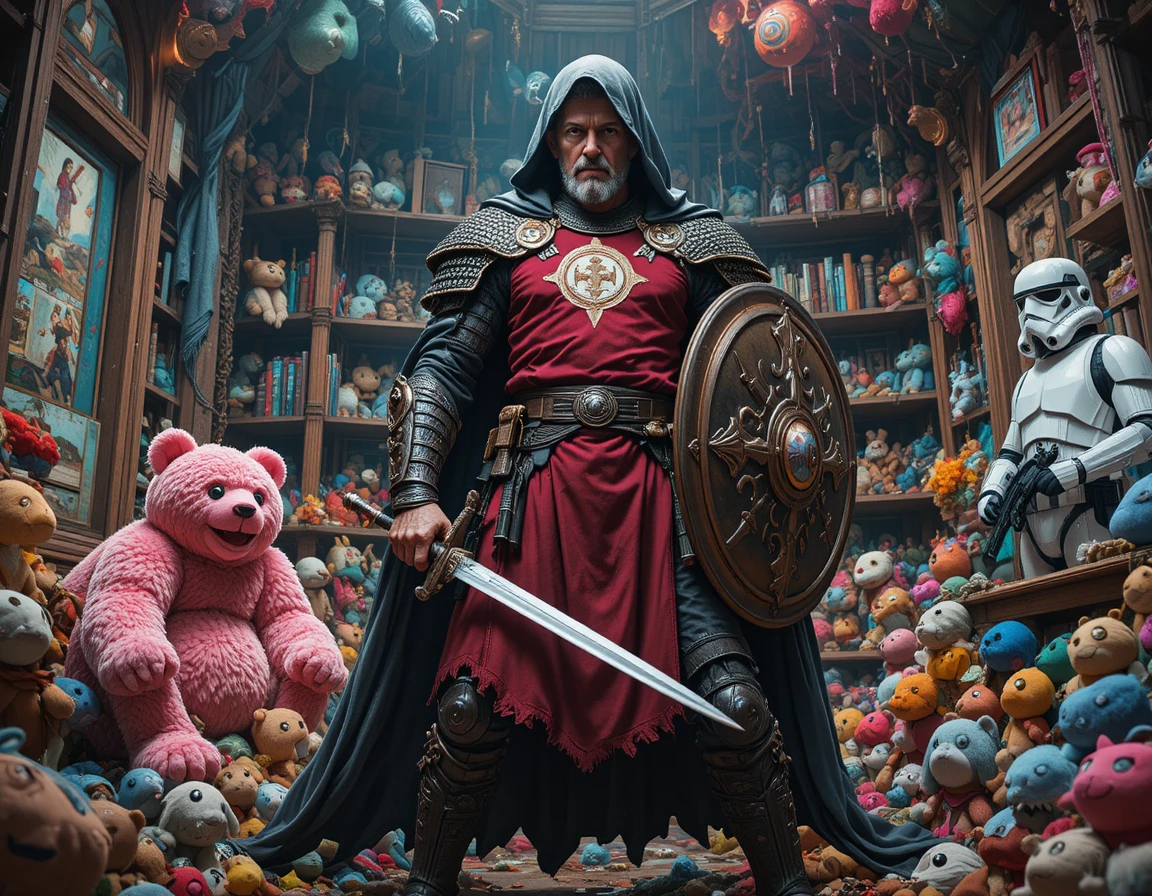 Determined knight standing in a toy filled children room