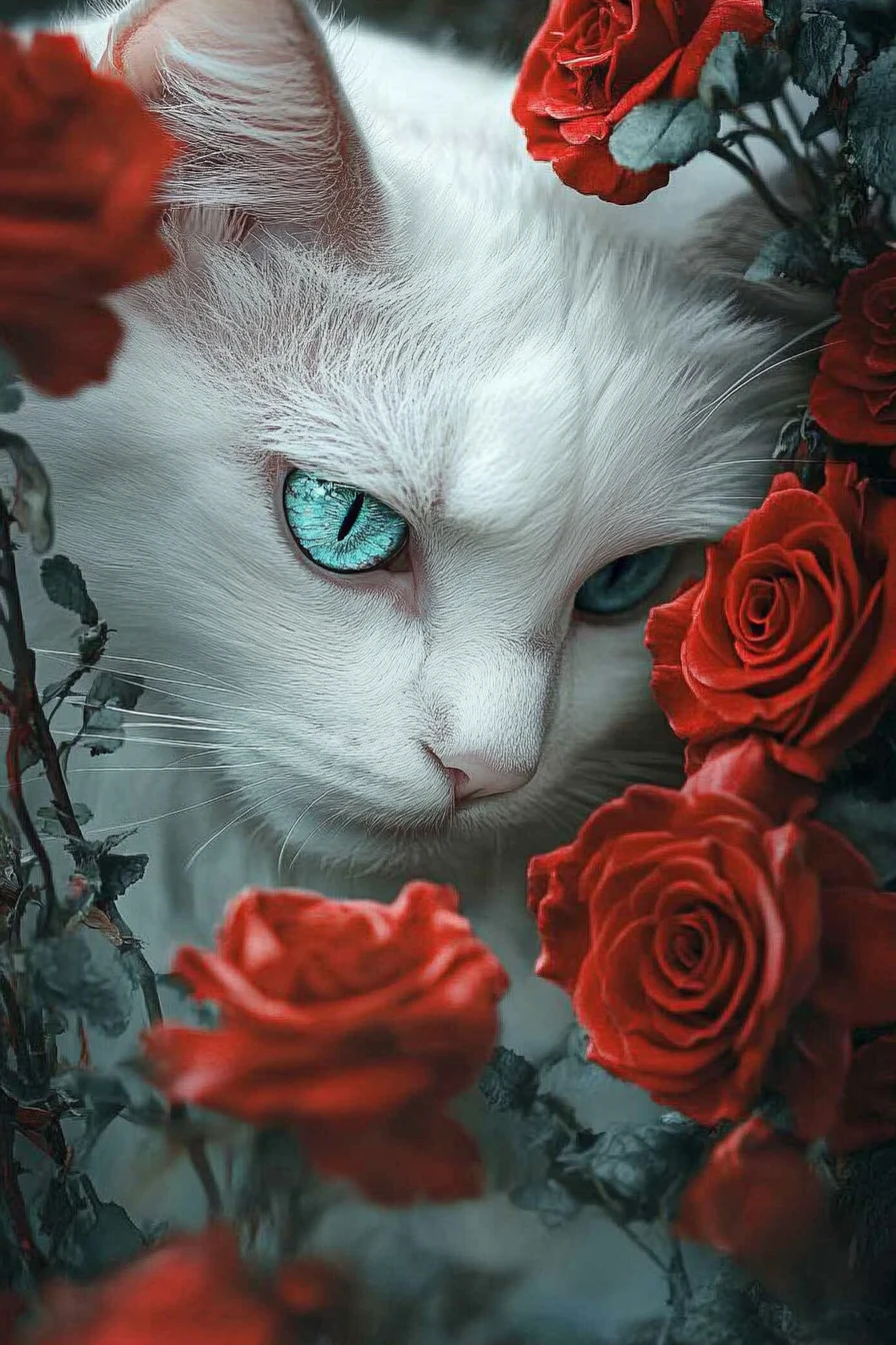 Gato blanco de ojos azules con rosas en un bosque de ensueño