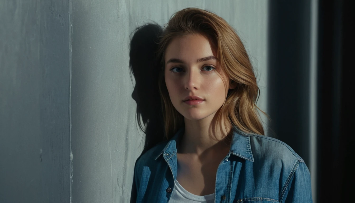Young woman in denim leaning against metallic wall
