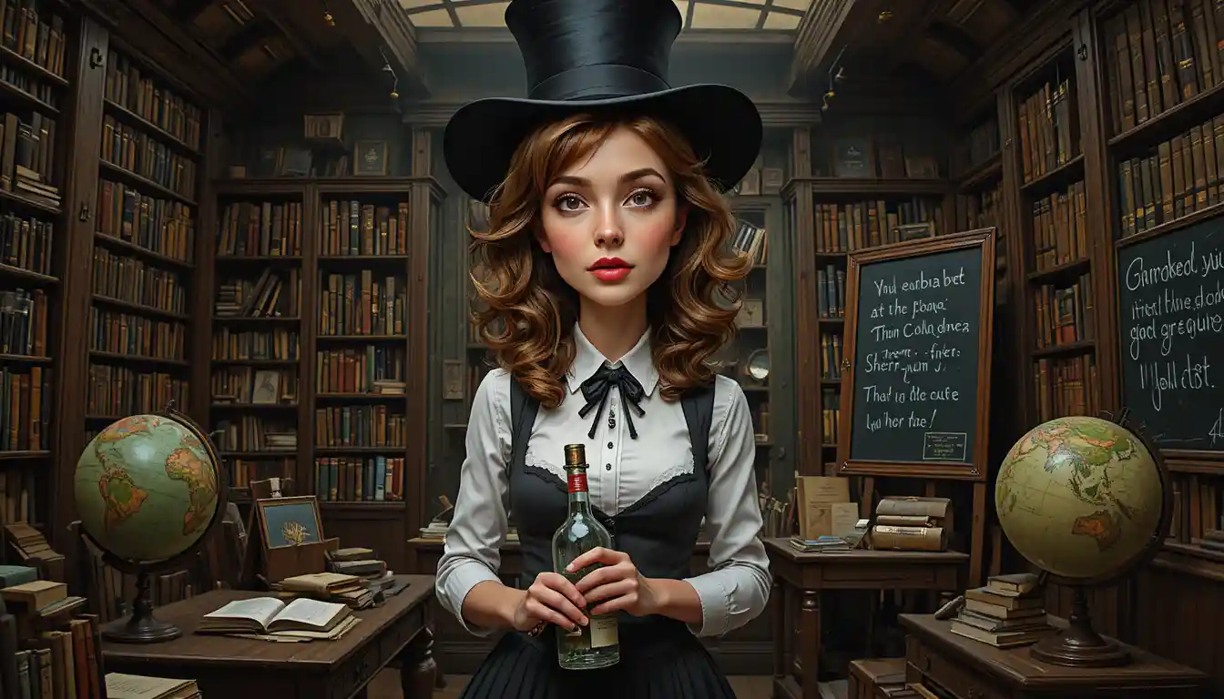 Serious woman in top hat in a vintage library