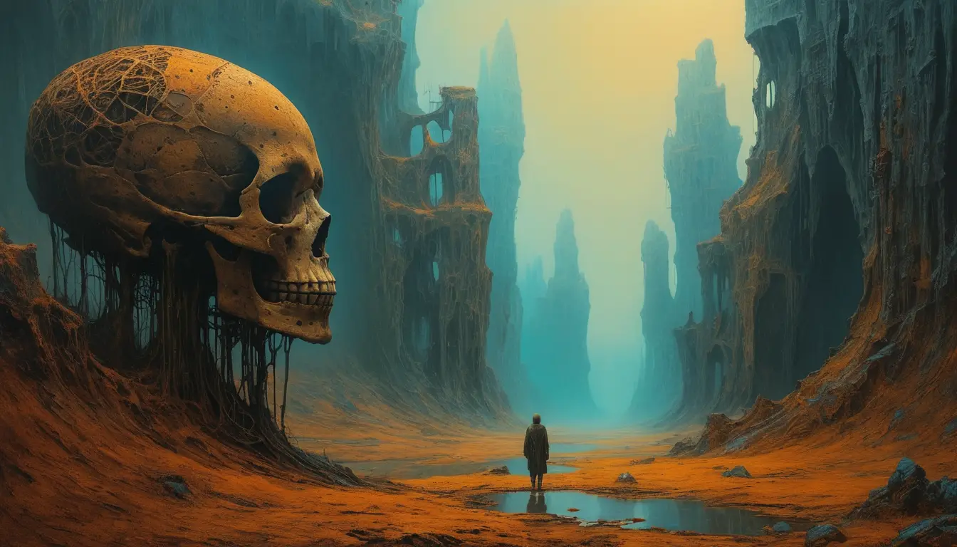 Paesaggio mentale biomeccanico surreale in una luce cinematografica inquietante