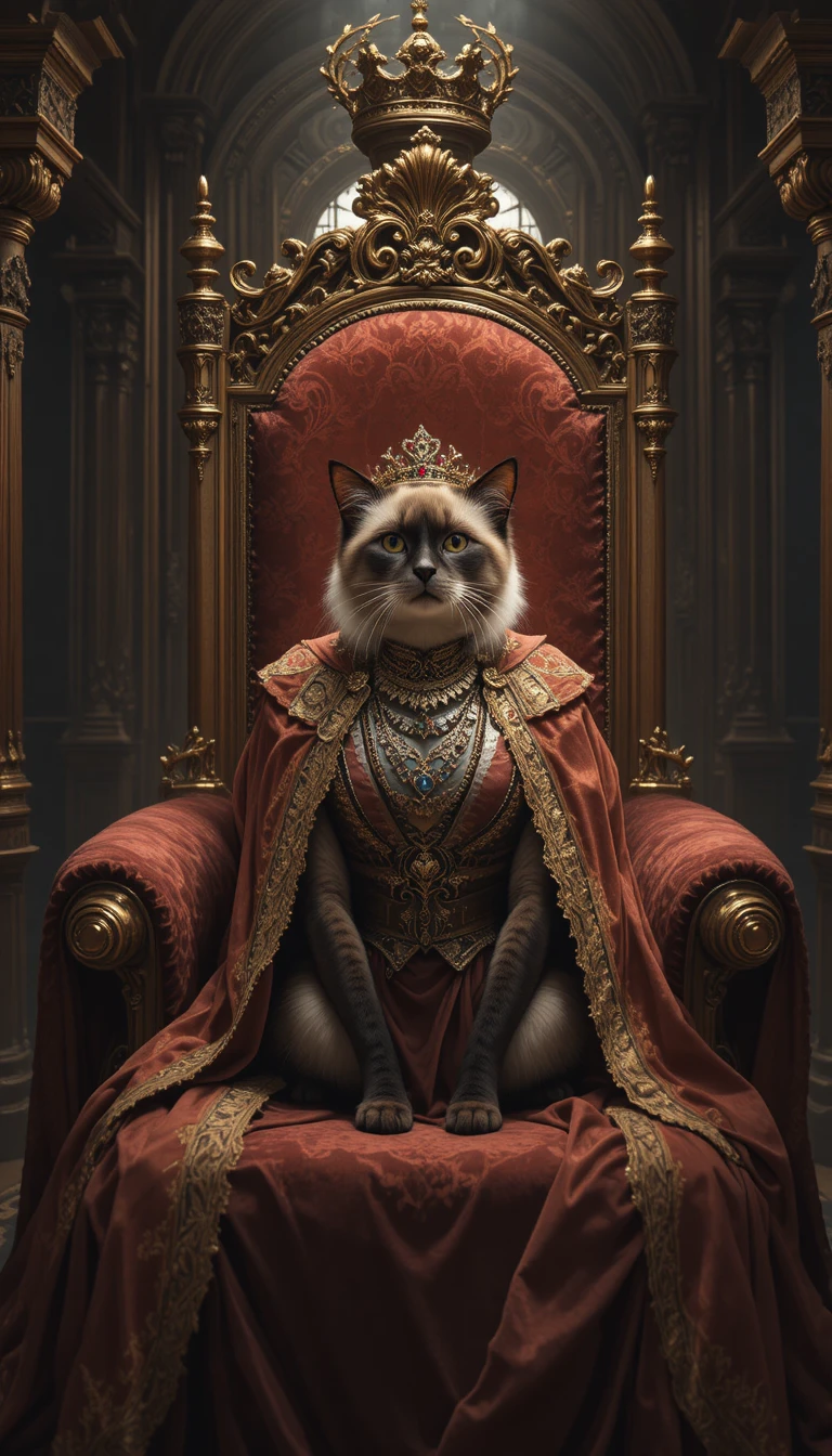 Regal siamese cat wearing a jeweled crown on a throne
