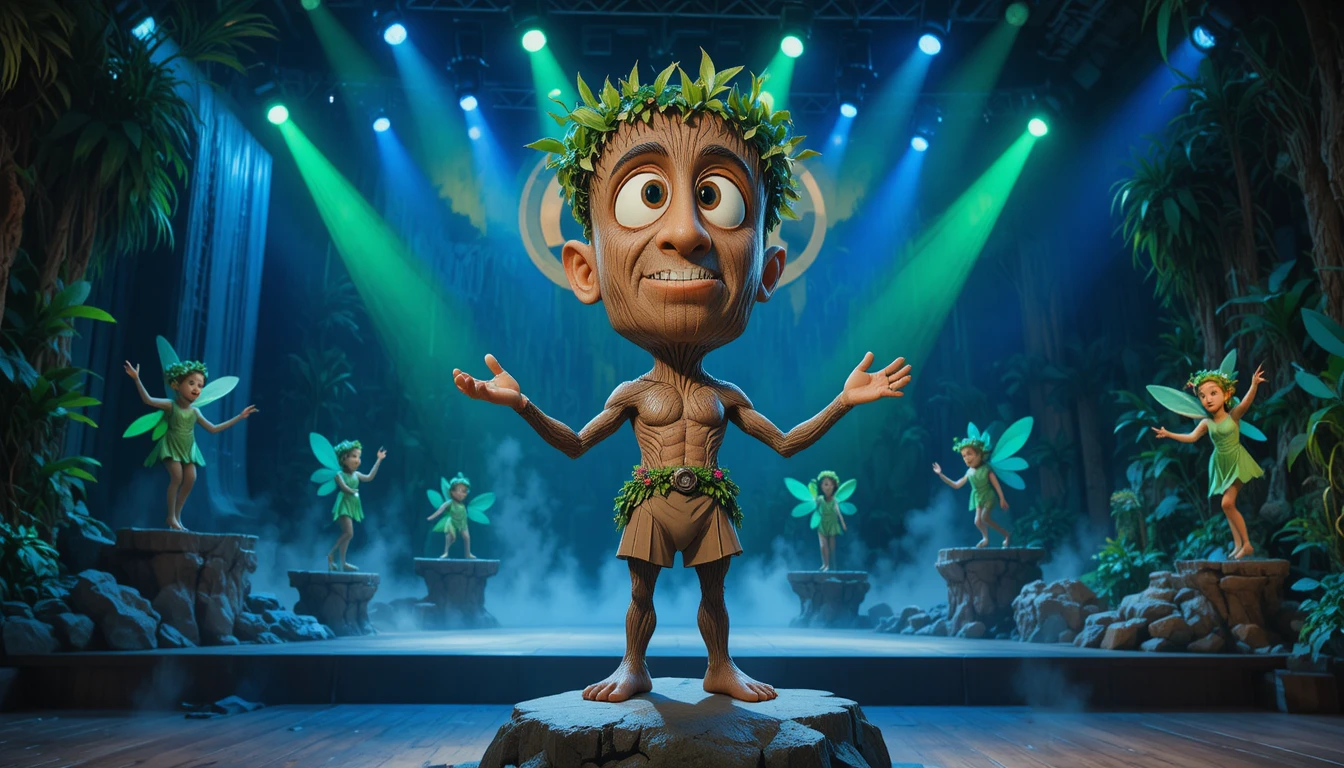 Tree like fantasy character on a vibrant jungle stage