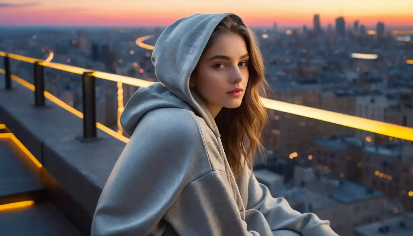 Young woman in grey hoodie above glowing neon city