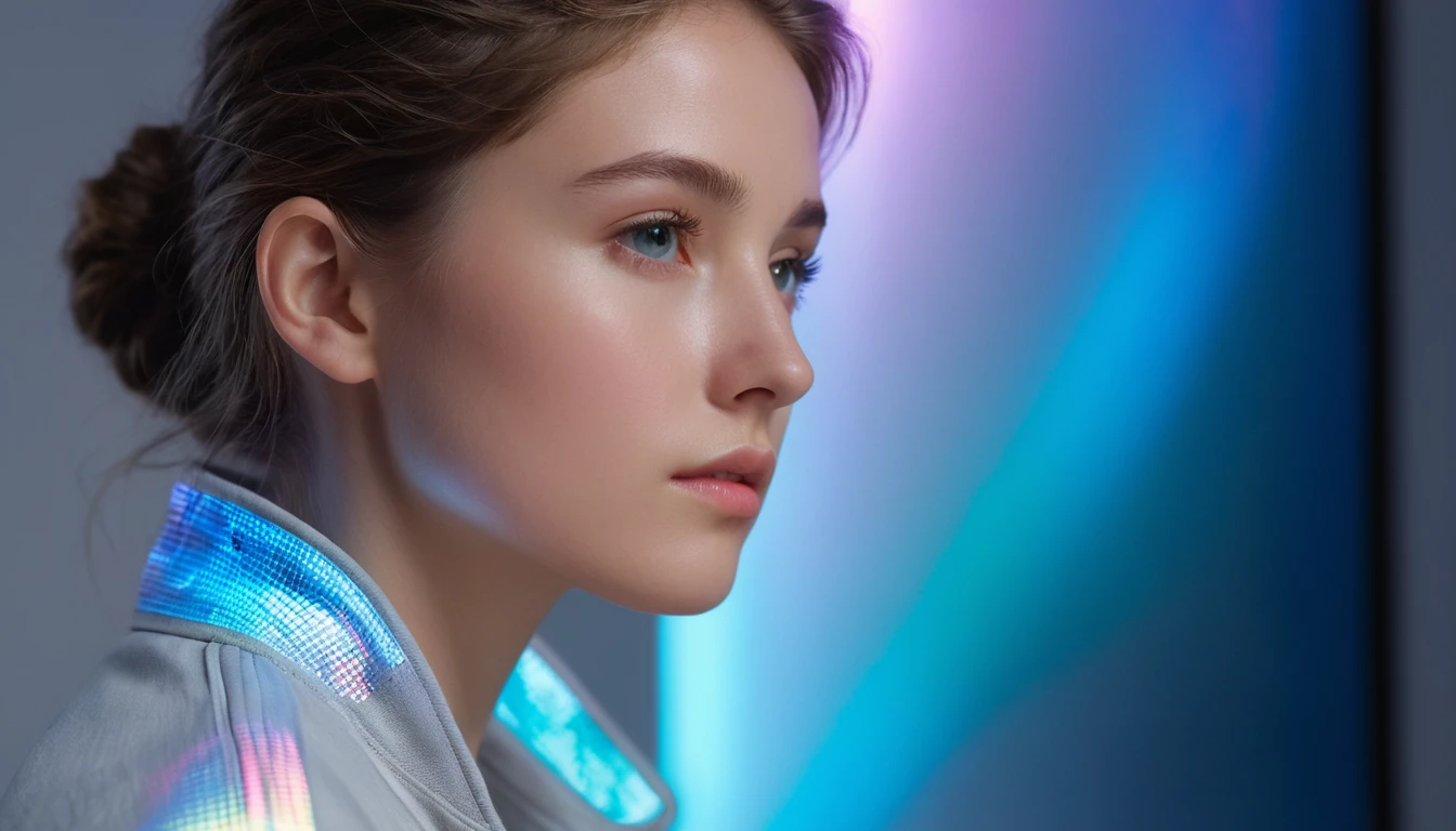 Young woman in neon light wearing a casual tech jacket