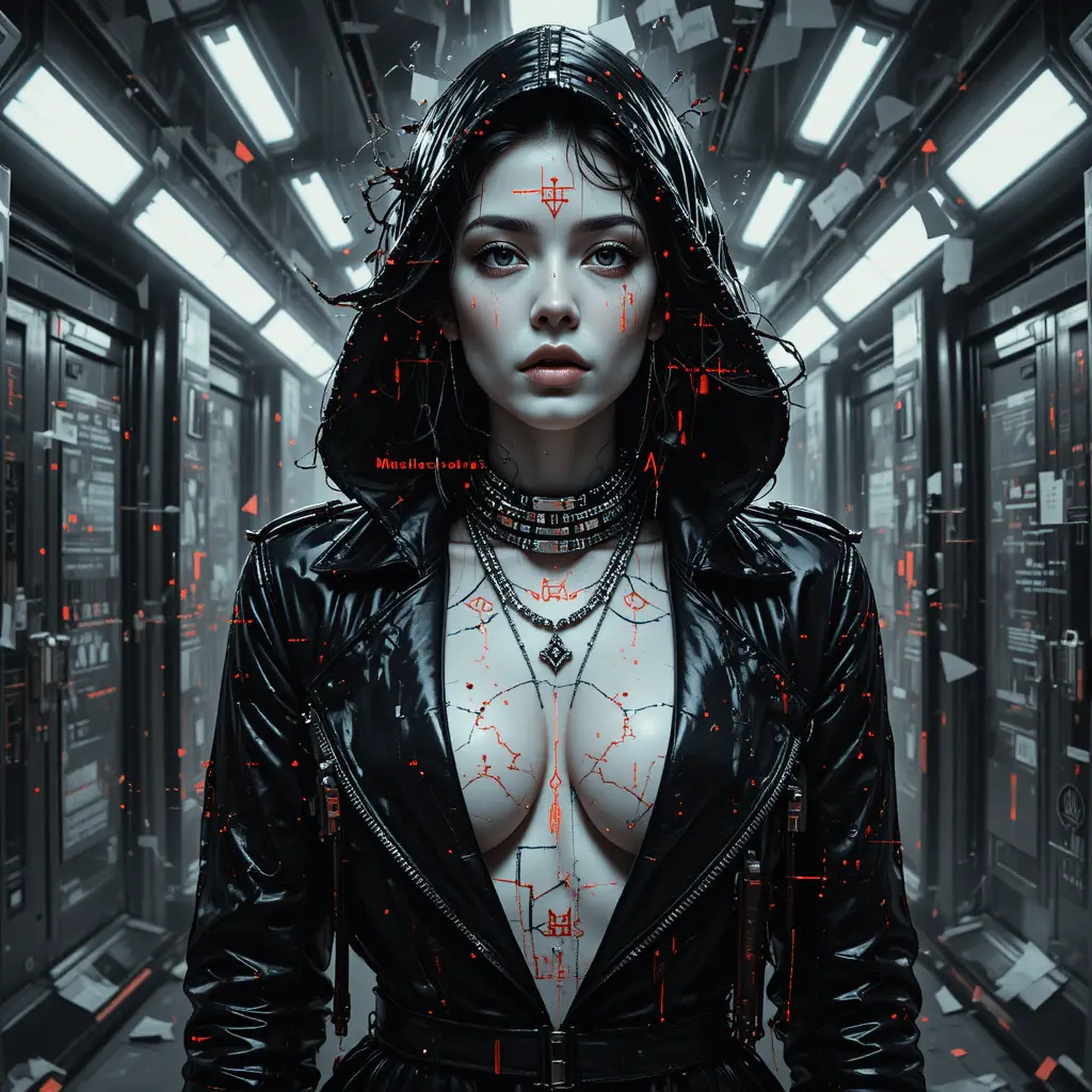 Mujer cyberpunk surreal disolviéndose en estática con glitches
