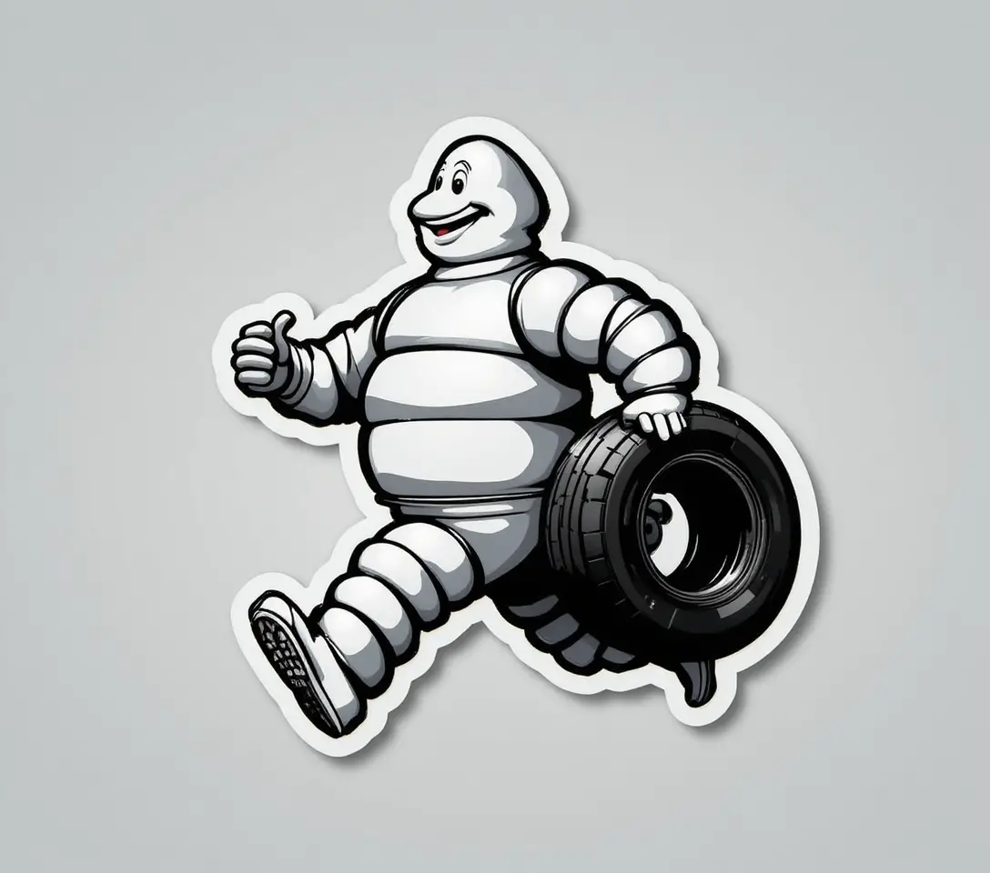 Cheerful walking mascot with tire in bold black outline