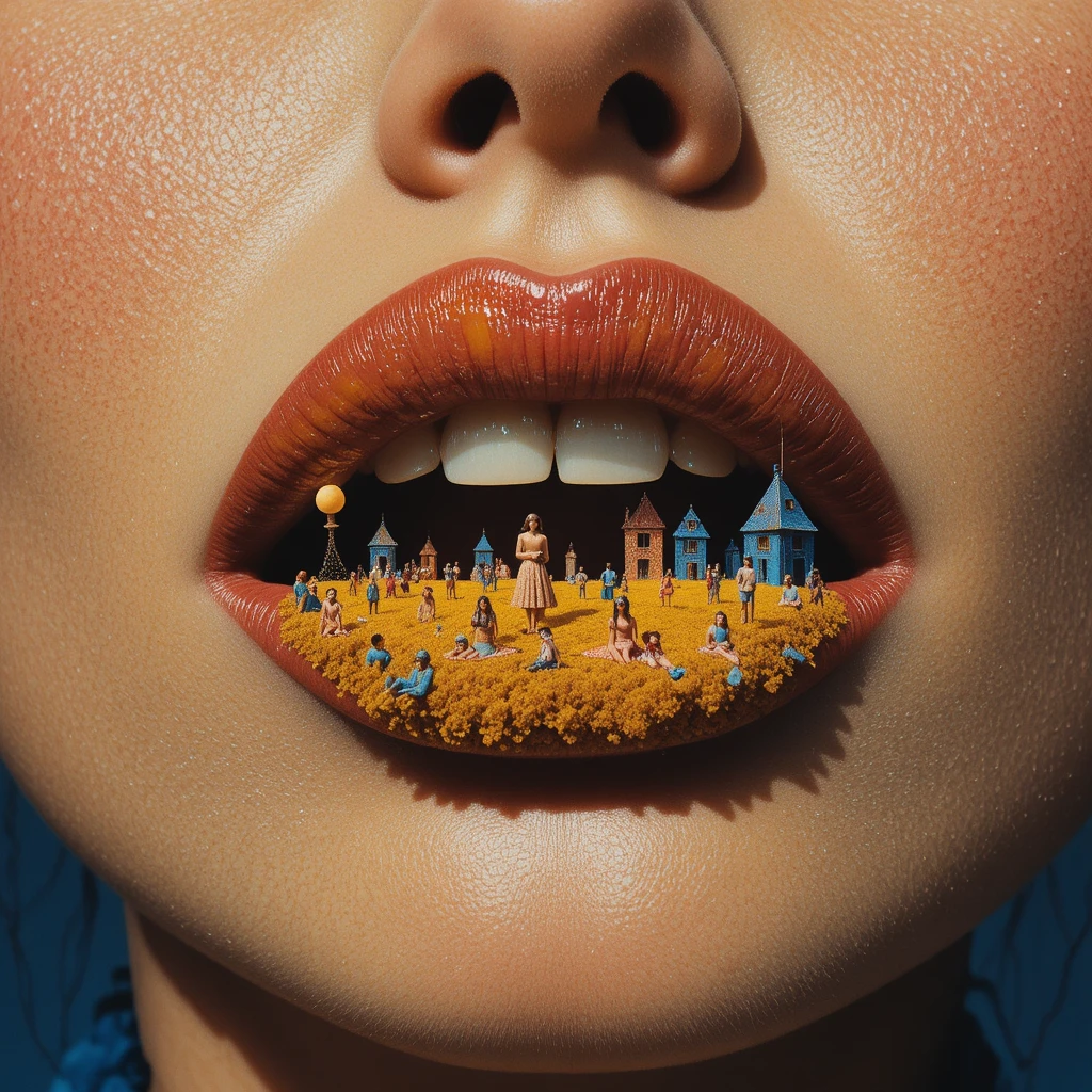 Surreal close up of floating lips with tiny figures