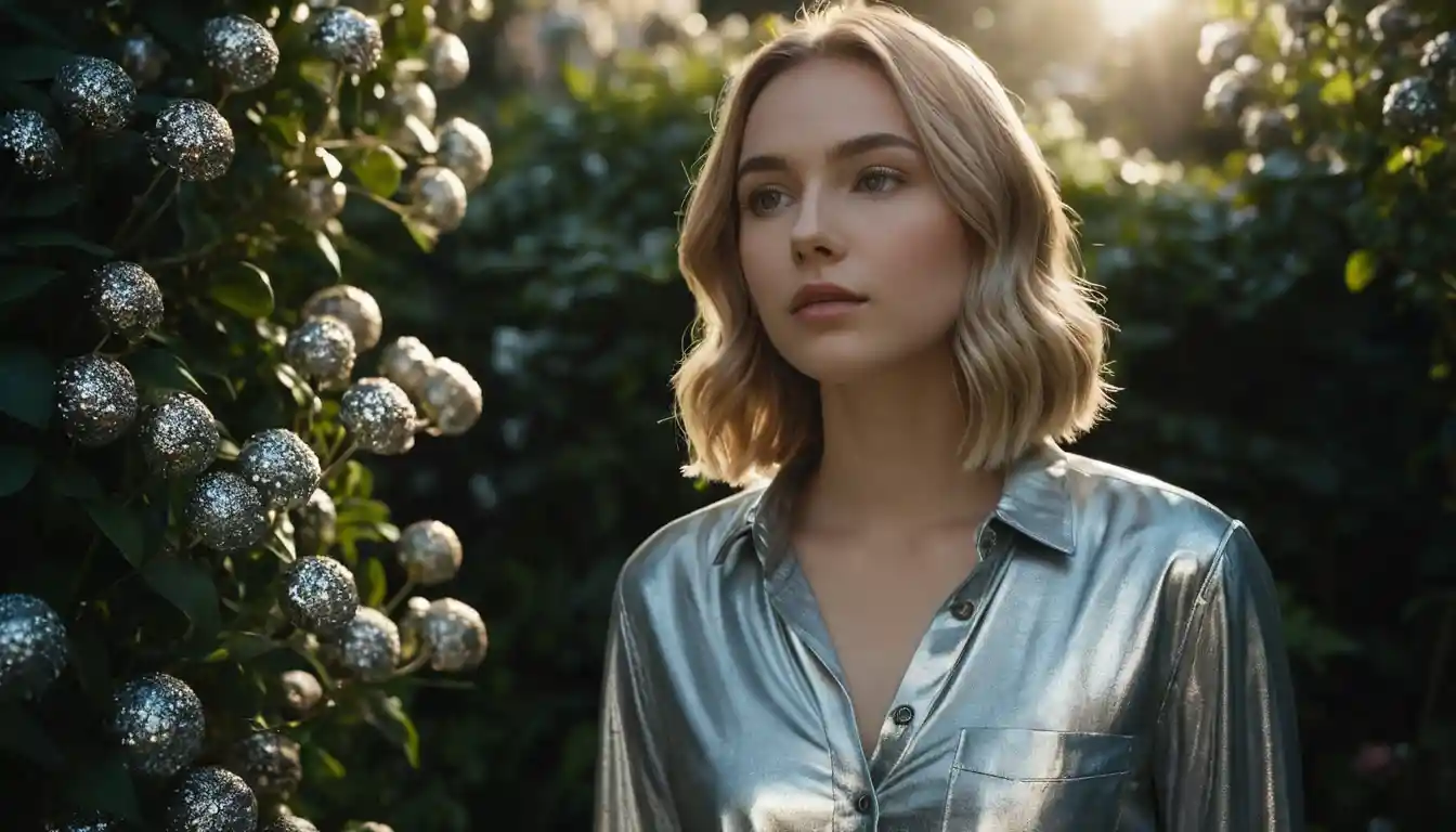 Young woman in a moonlit garden of metallic flowers