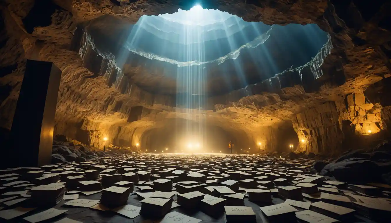 Glowing letters suspended in a fog filled cavern