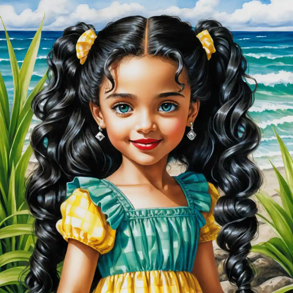 Smiling girl with long curly hair in a summer dress