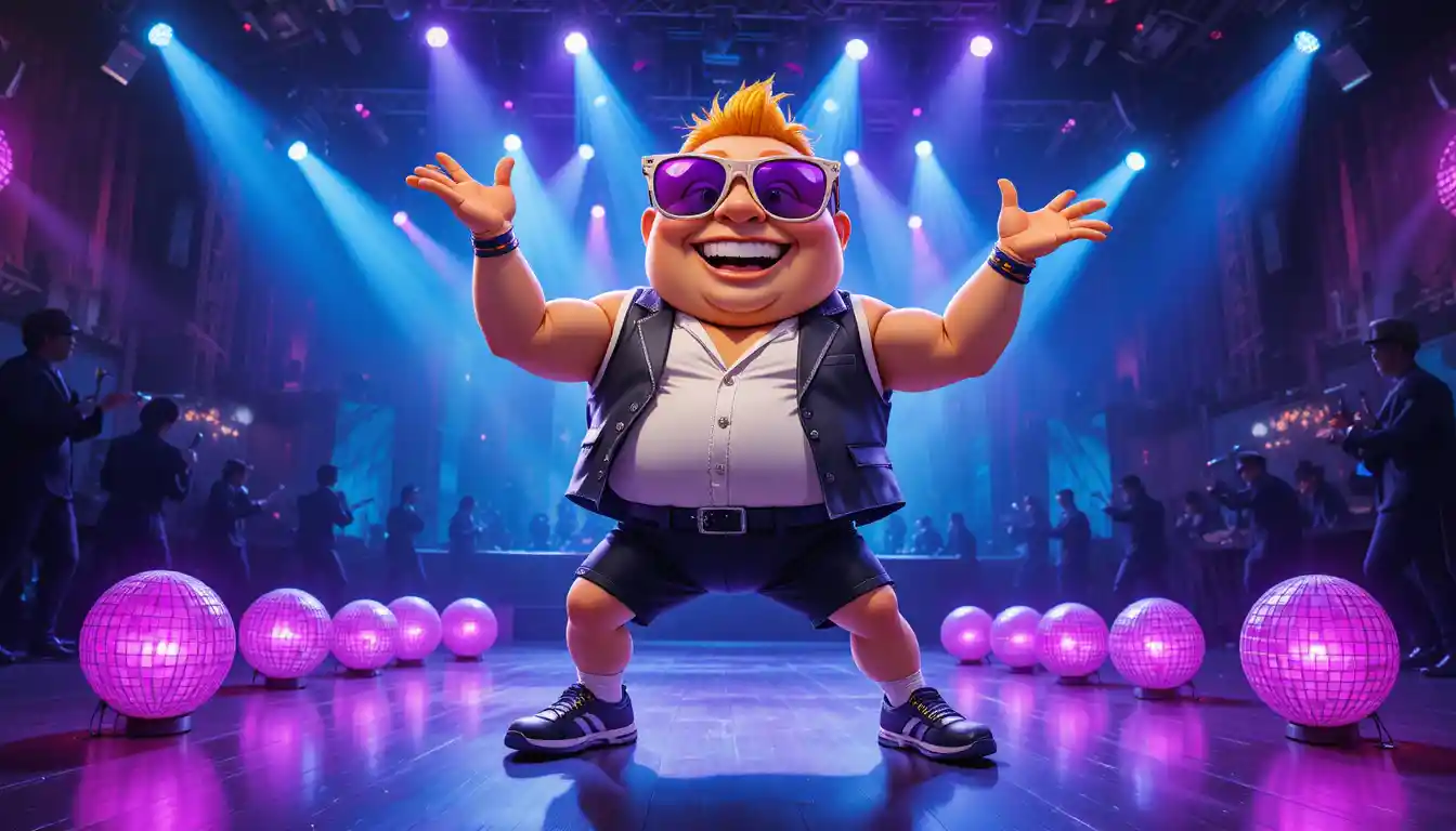 Dancing potato mascot on vibrant concert stage illustration