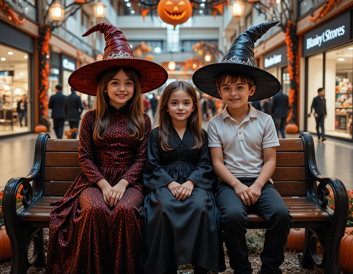 Three children sharing a cozy halloween moment on a bench