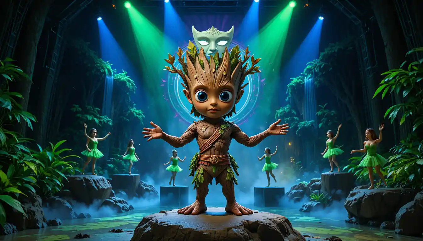 Whimsical tree creature performing on a jungle fantasy stage