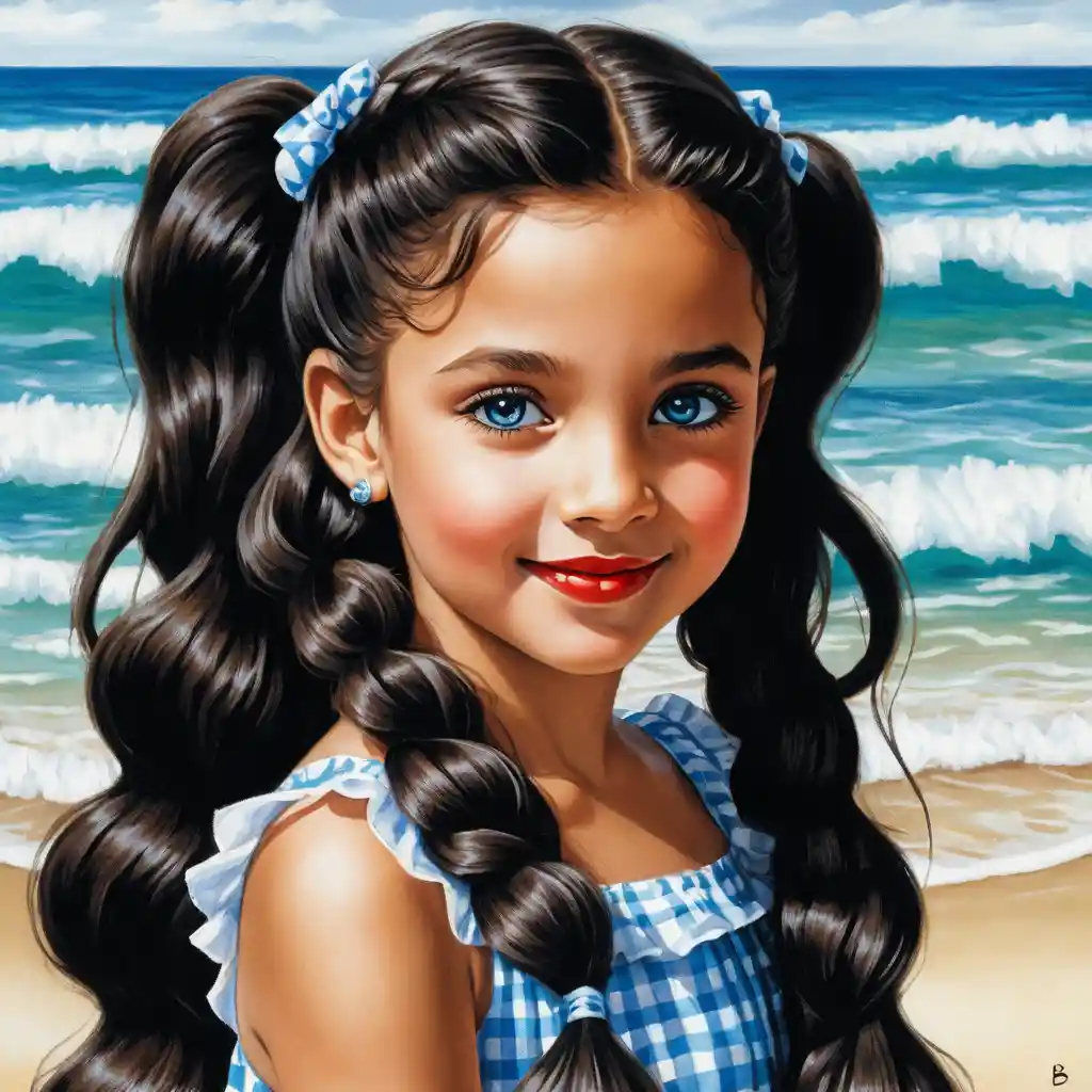 Smiling girl with long curly hair in summer dress