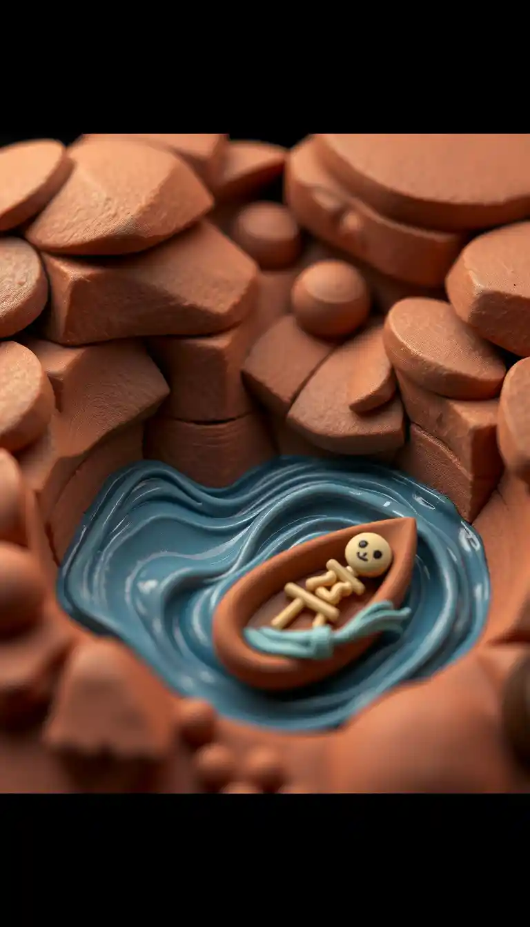 Claymation message bottle floating on a mysterious dark sea