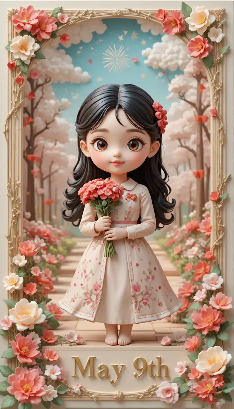 Kawaii clay girl with carnations in spring city park