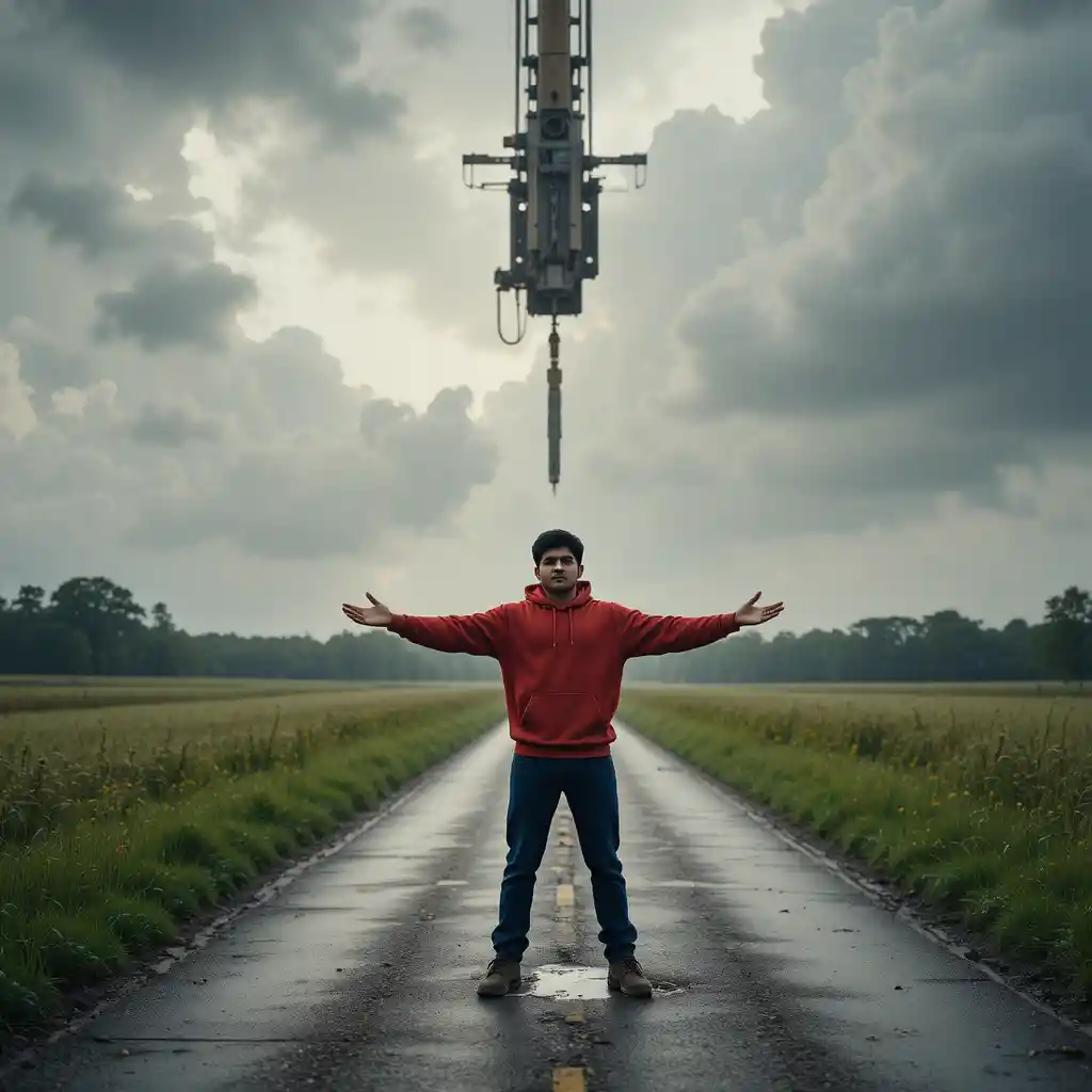 Boy on wet road under giant drill in cloudy sky