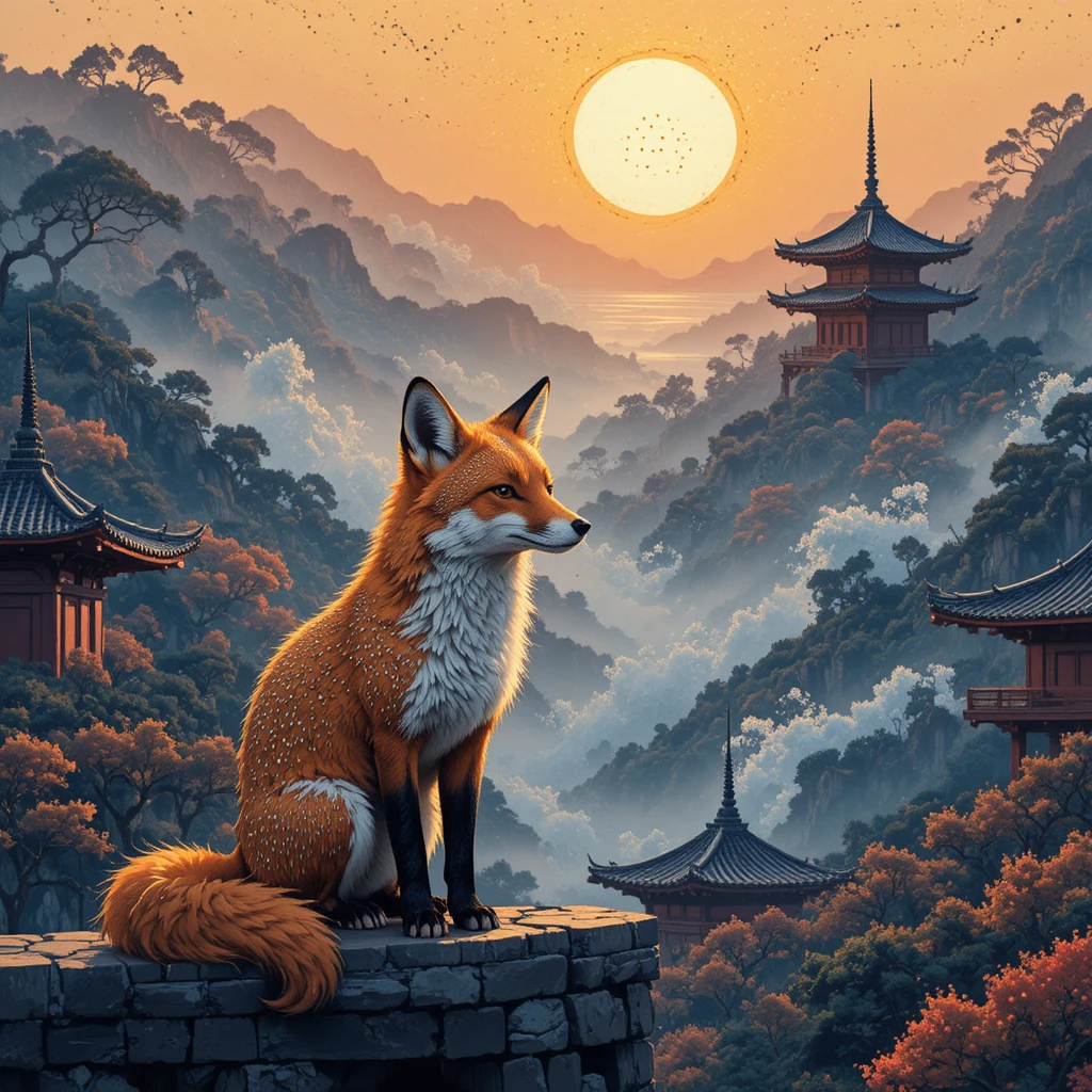 Fox on a temple gate in the first light of dawn