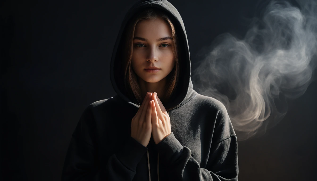 Young woman in soft light holding out her open hands