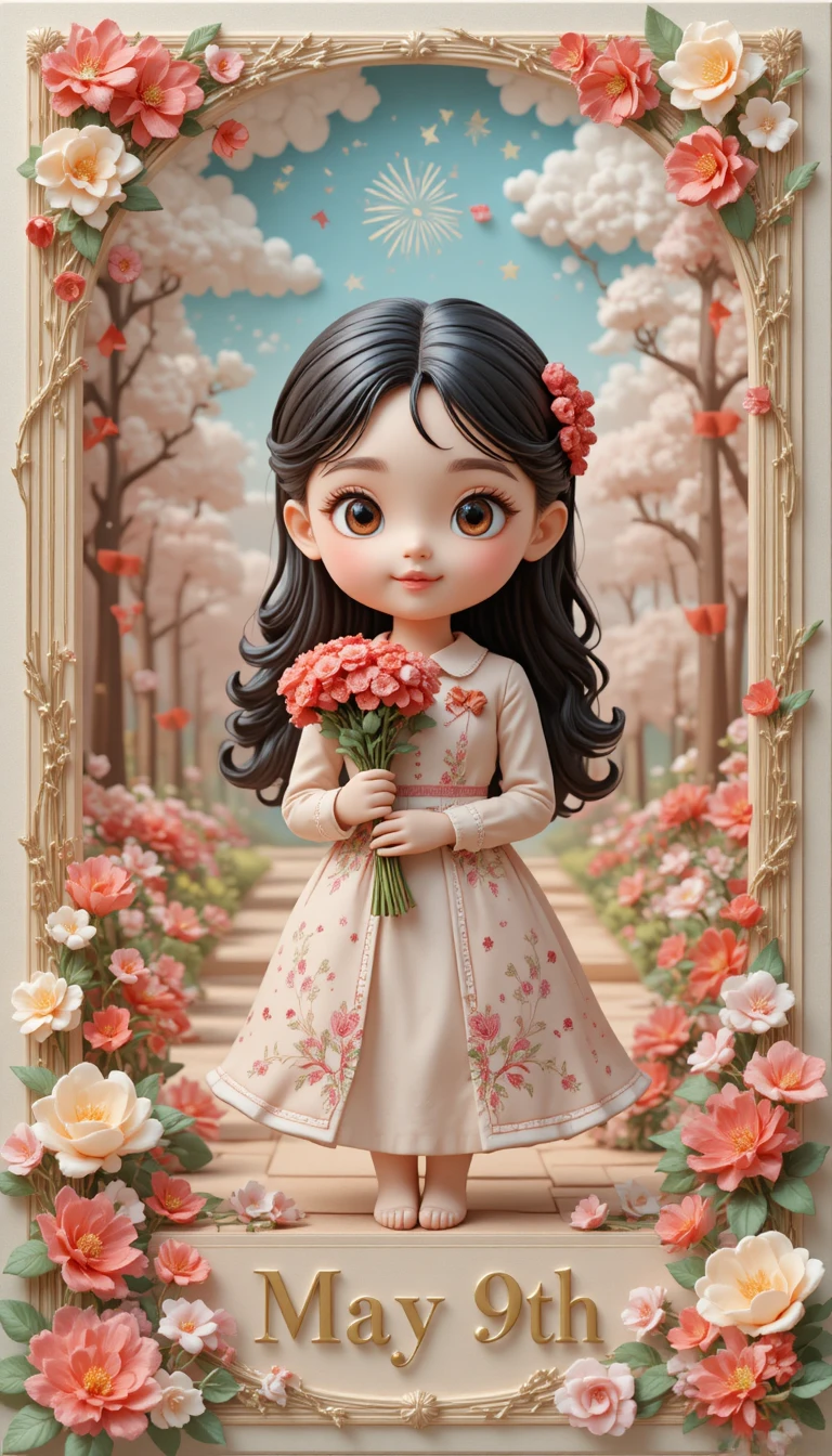 Kawaii clay girl with carnations in spring city park