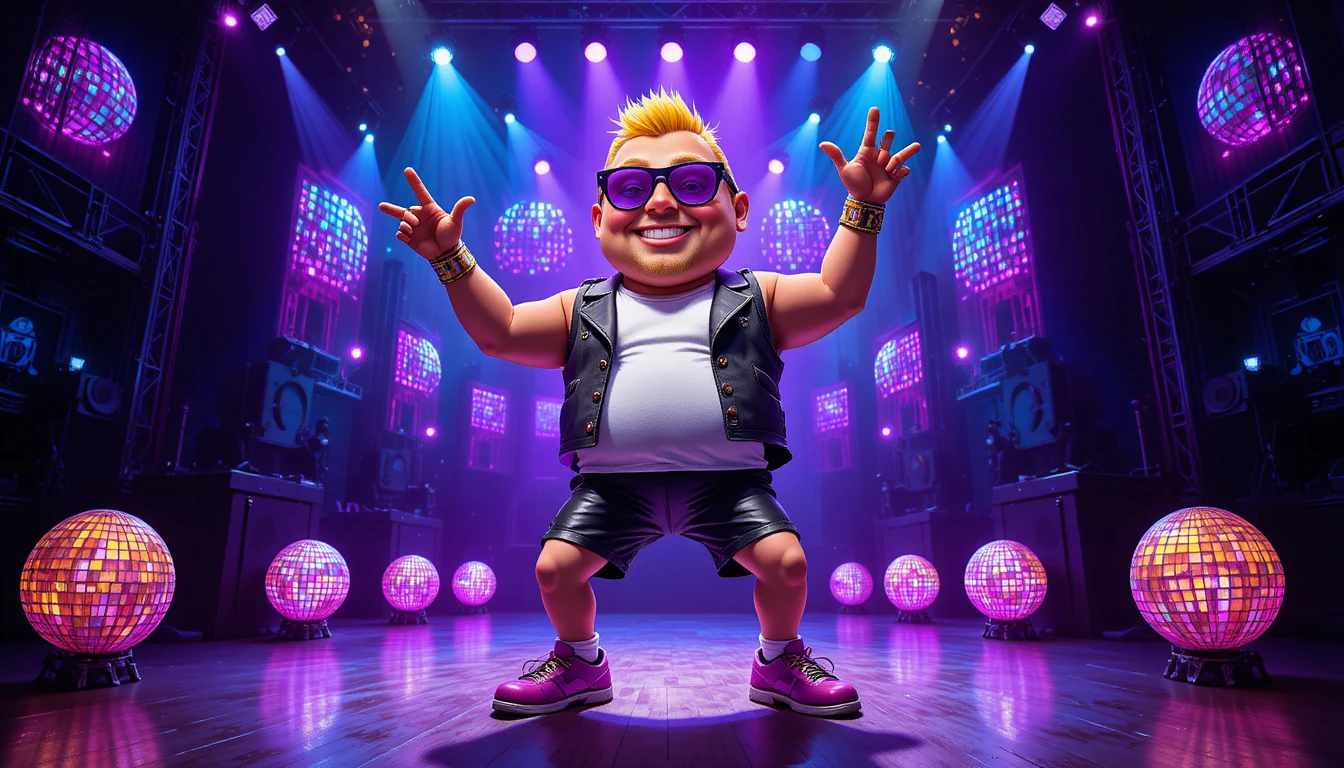 Dancing potato character on vibrant concert stage