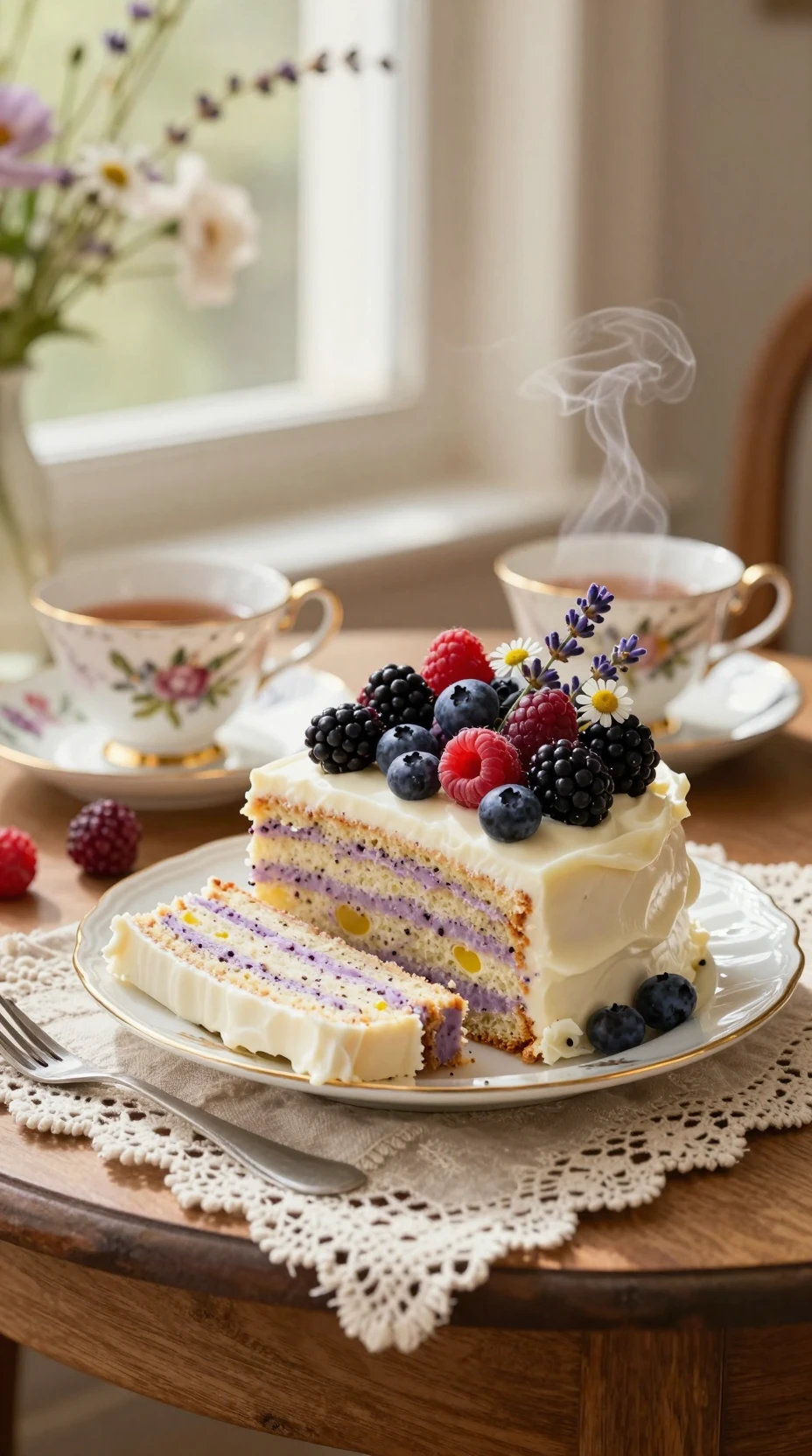 Lavender lemon cake slices with berries in morning light