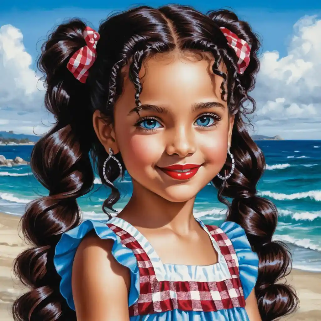 Smiling Girl With Curly Black Hair In Checkered Summer Dress