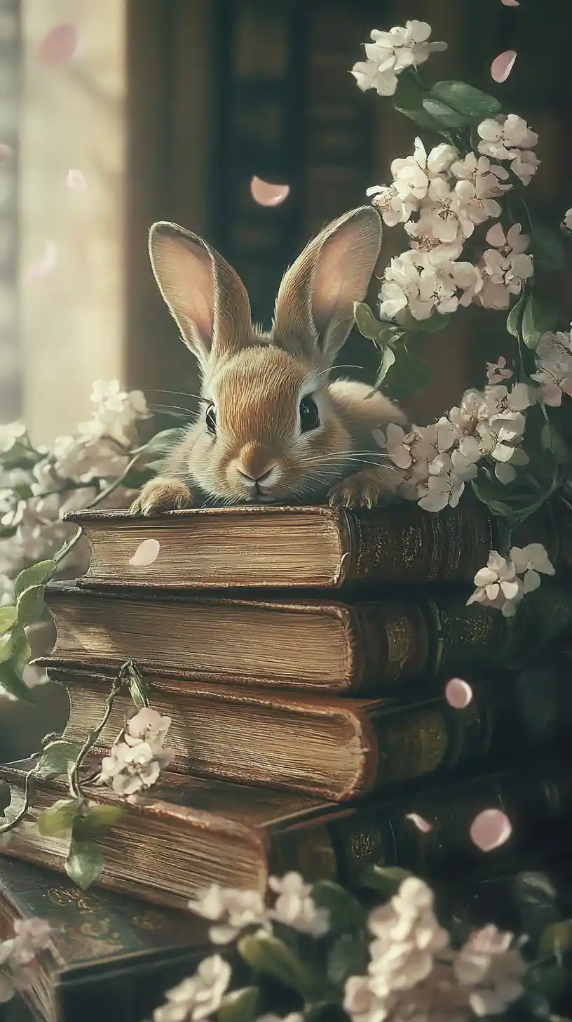 Antique spellbooks with vines and a curious rabbit familiar