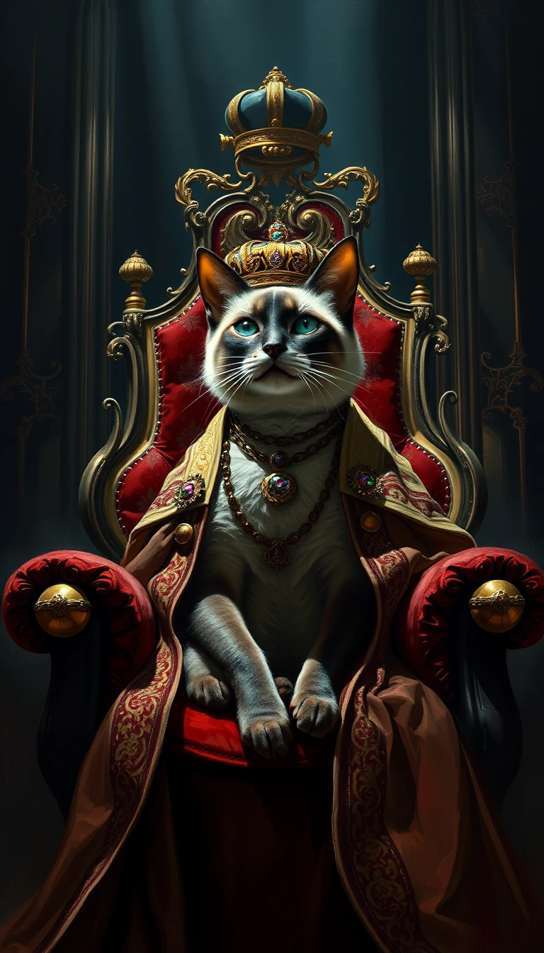 Regal Siamese Cat King On A Velvet Throne