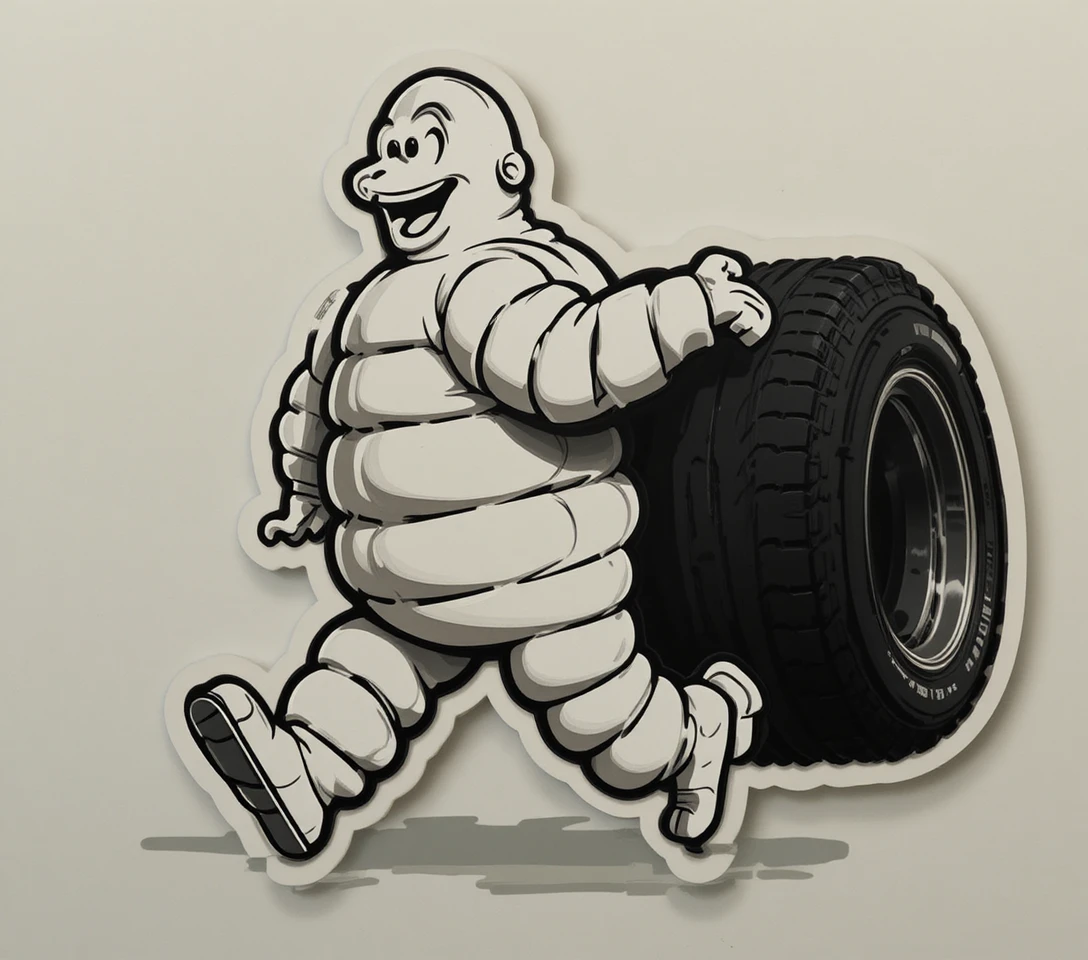 Cheerful cartoon mascot walking with a car tire