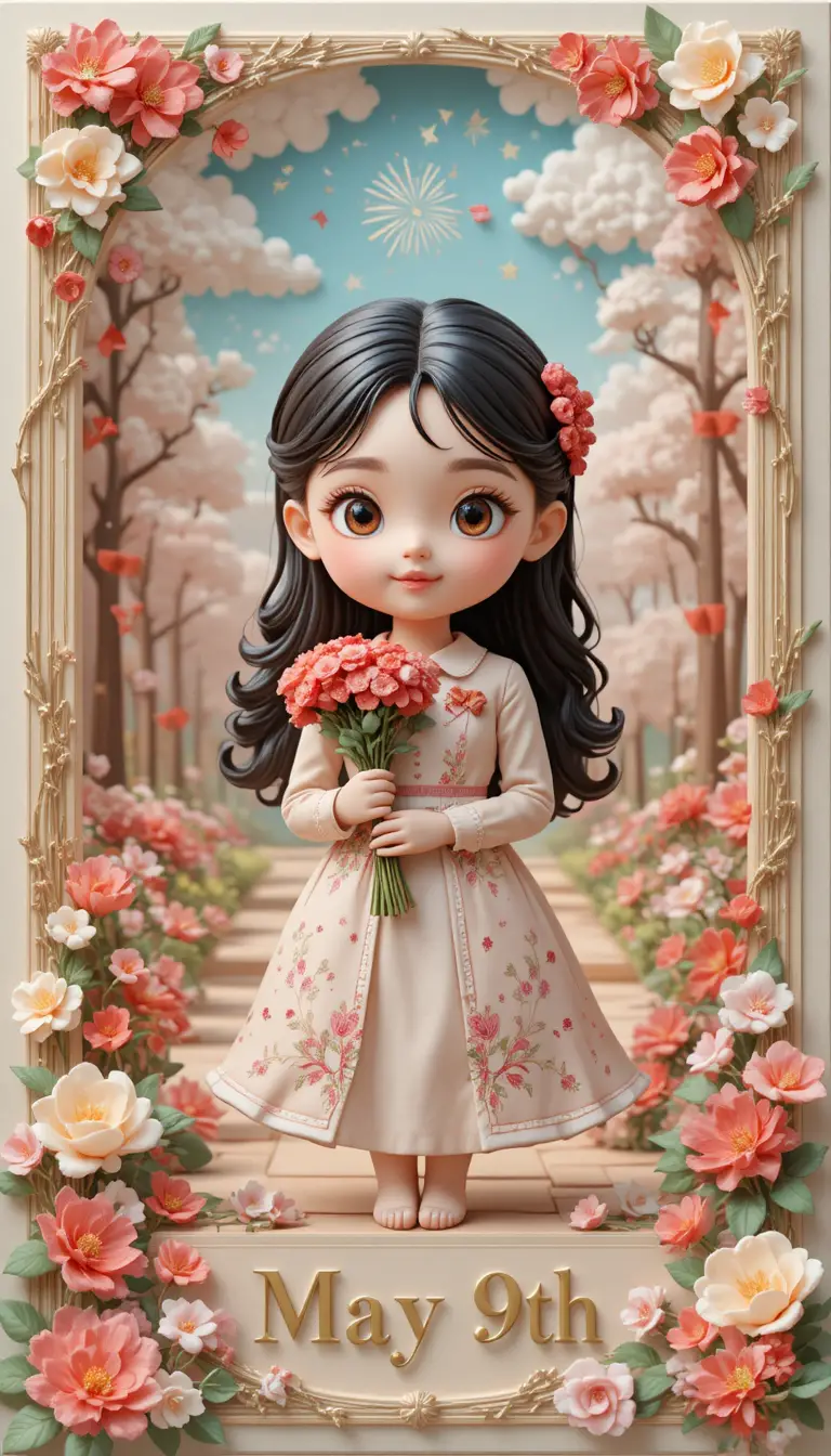 Kawaii clay girl with carnations in spring city park
