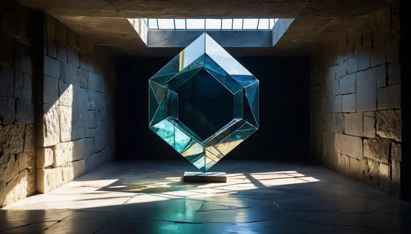 Floating glass prisms in a dark sunlit chamber